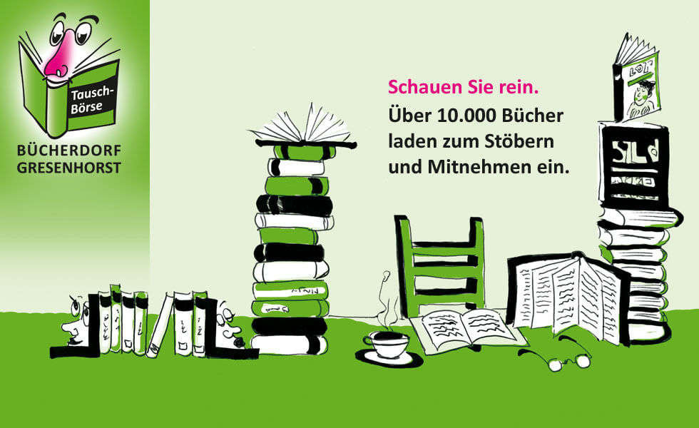 Bücherdorf Gresenhorst, grüne Grafik, Stuhl, Bücher