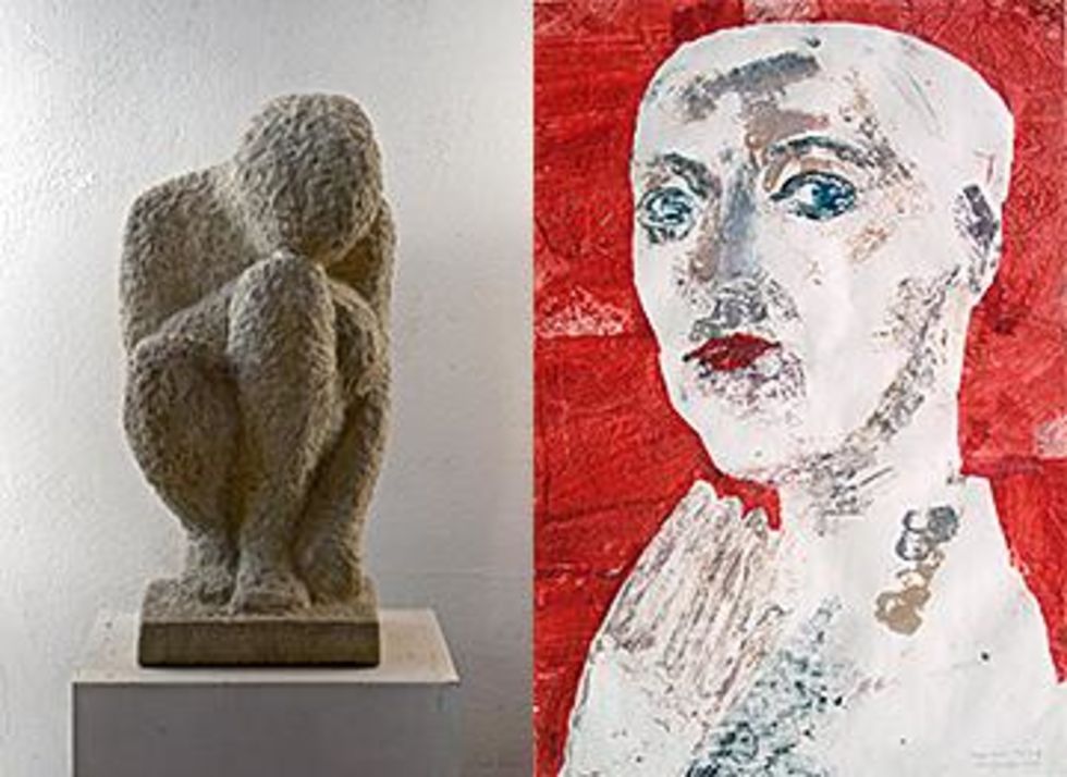 links: Trauernde, Sandstein | rechts: Kopf Selbst III, Monotypie, Collage